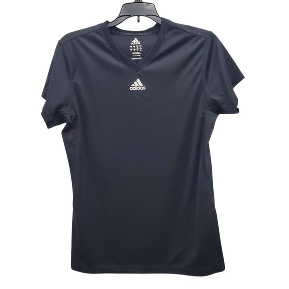 Adidas Women's Black Center Logo‎ Mesh Side Semi-Fitted V-Neck Athletic Top Sz S - Picture 1 of 5